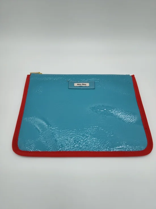 MIU MIU Eau De Parfum Blue Patent Zip Pouch Red Trim Large Case NIB NWT