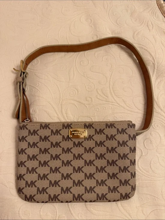 Michael Kors Beige/Brown MK Logo fanny pack w/ adjustable belt with Gold Plate