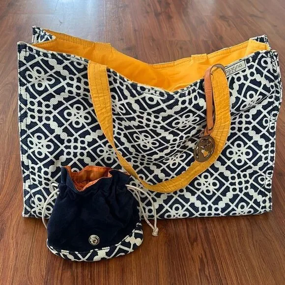 Spartina 449  Large blue and yellow gold tote with matching velvet pouch