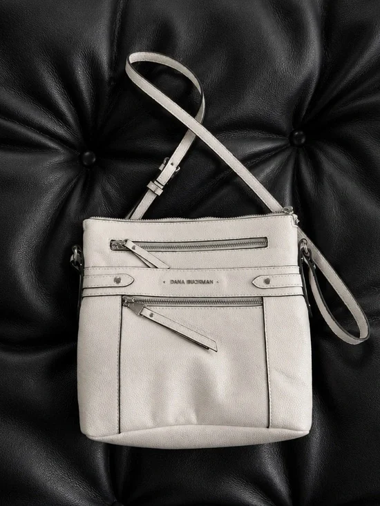 Dana Buchman White Crossbody Faux Leather Bag with Multiple Zip Pockets