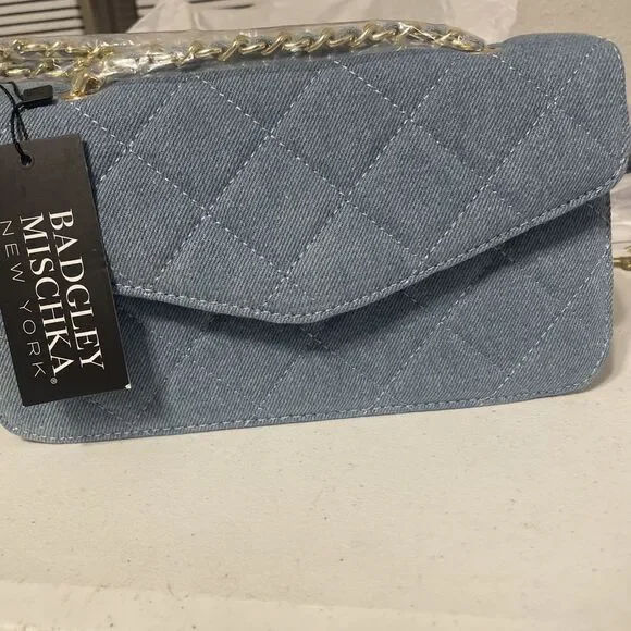 Badgley Mischka Quilted Blue Denim Crossbody Hand Bag Purse Gold Chain