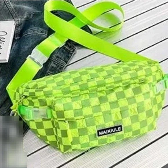 Neon Yellow Checkered Belt‎ Bag Crossbody Fashion Fanny Pack Women