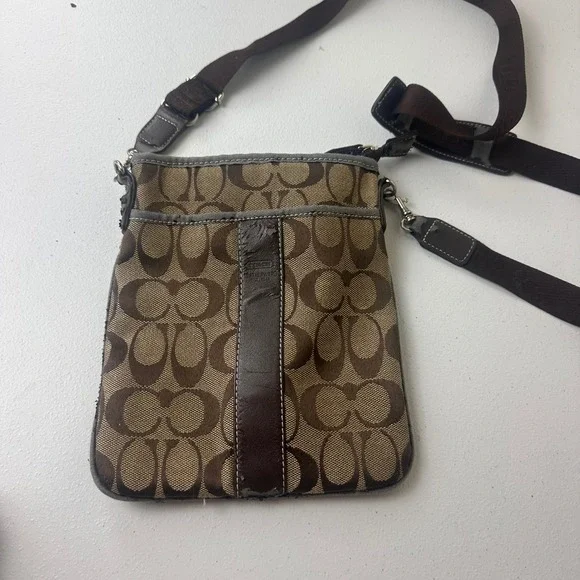 Coach Crossbody Bag Brown Signature Monogram Zip Canvas Outdoor