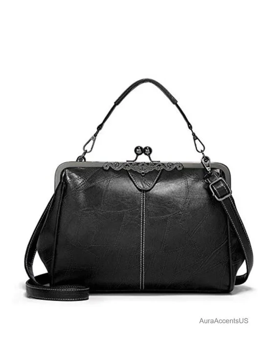 Women's Retro Faux Leather Top Handle Crossbody Bag Kiss Lock