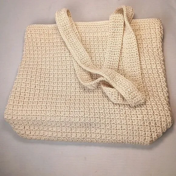 The Sak Crocheted Knit Medium‎ Tote Shoulder Bag Purse Natural Tan Boho 12.5x11