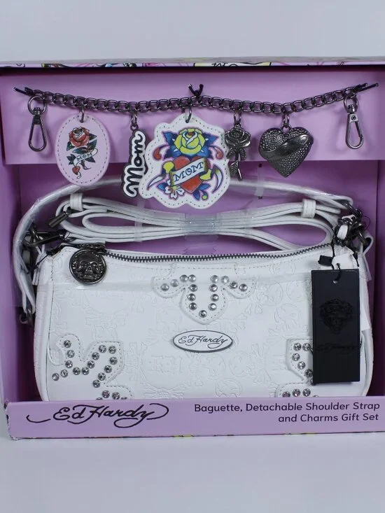 New Ed‎ Hardy Gift Set: White Baguette Bag with Crystals + Y2K Charm Chain