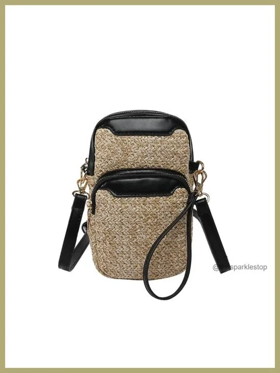 Woven Straw Crossbody Bag for Women Lightweight Multi Zipper Pockets Wristlet