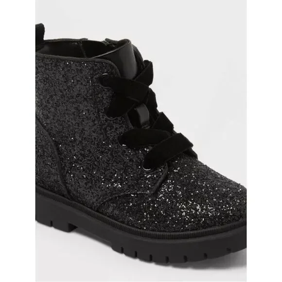 Cat & Jack Black Glitter Lace-Up Ankle Boots Sz 12