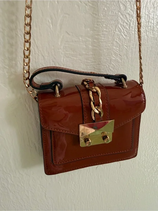 Extra Small Glossy Brown Purse Handbag Crossbody Gold Detail Hardware Cute