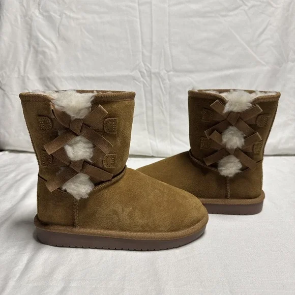 Koolaburra By Uggs Brown Suede Boots Girl Size 12 Chestnut Fur Bow Victoria
