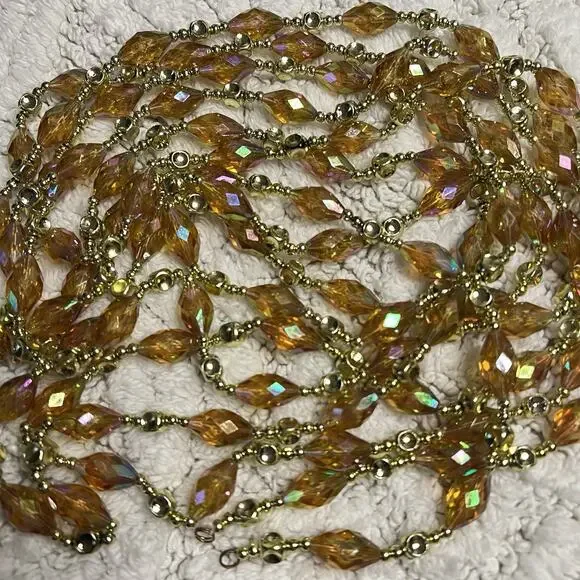 Amber Gold Iridescent Faceted Beaded Garland 24’ (Set of 2, Each 12’) Christmas