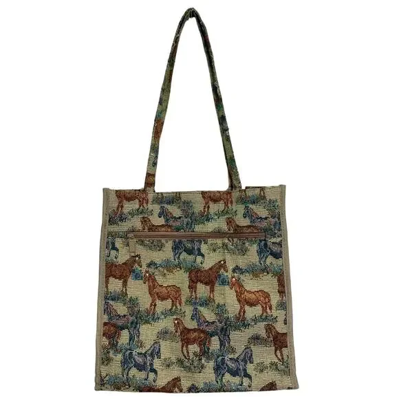 No Brand Western Horse Y2K Rhinestone Tapestry Zipper Closure Tote Bag