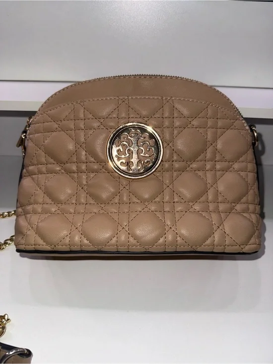 Quilted Taupe Crossbody Bag with Gold Medallion