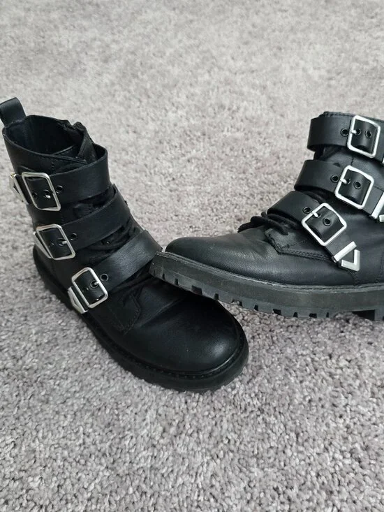 Zara Black Triple Buckle Combat Boots Faux Leather Moto Punk Goth Side Zip 34