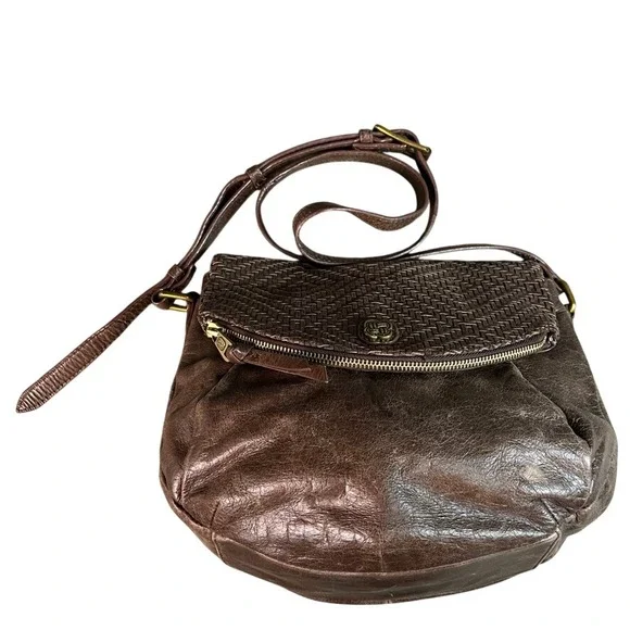Elliott Lucca Brown Leather Woven Flap Crossbody Bag Antique Brass Hardware