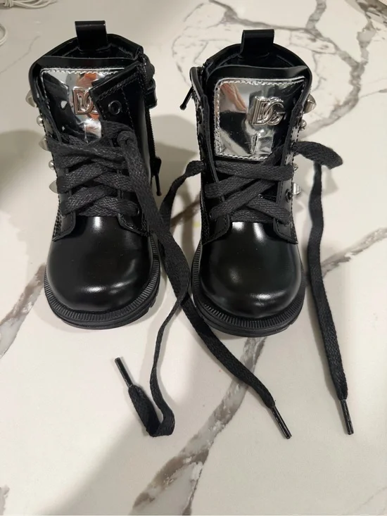 Dolce & Gabbana Black Kids Lace-Up Boots with Silver Logo Patch