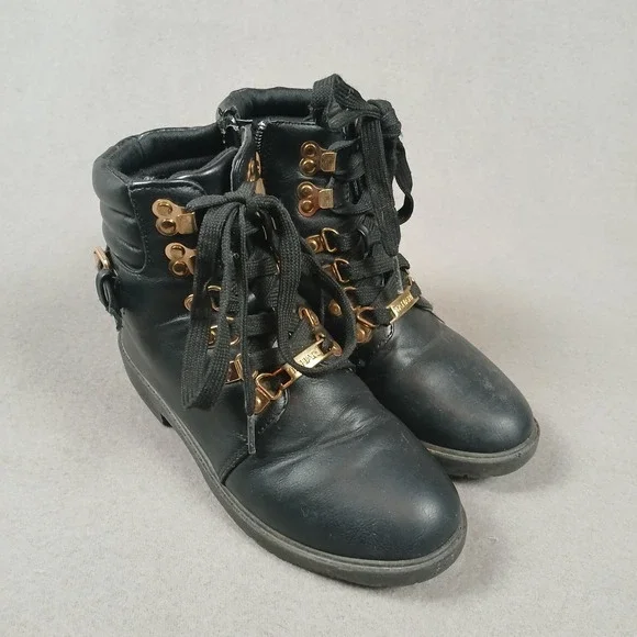 Tahari Billie Girls Size 13 Black Boots Gold Hardware Combat‎ Zip Up