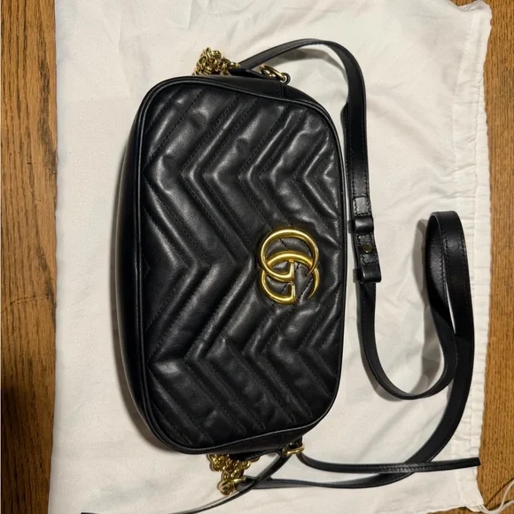 Gucci Black Quilted Leather Crossbody with Gold GG Emblem