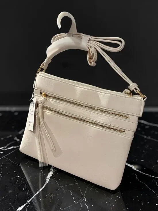 BRENTANO Vegan White Multi-Zipper Crossbody Handbag with Tassel Accents