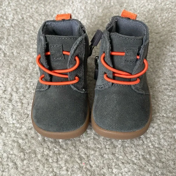 UGG Kids Dark Gray Suede Boots with Orange Accents