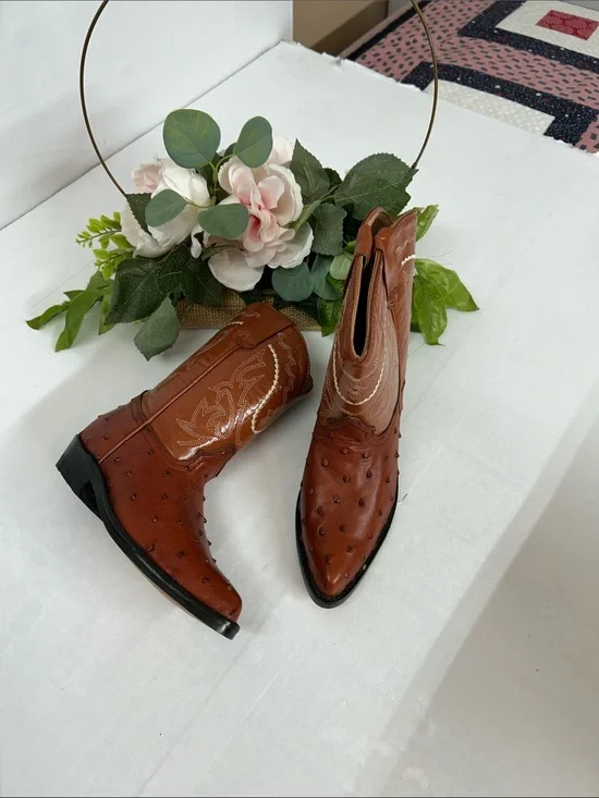 Kids Brown Ostrich-Textured Western Ankle Boots
