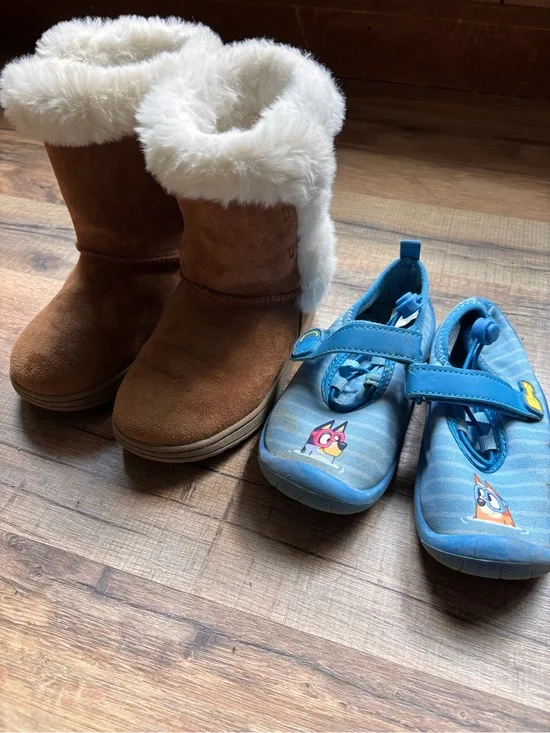 Kids Brown Suede Winter Boots with White Faux Fur Lining & Water Shoes Bundle