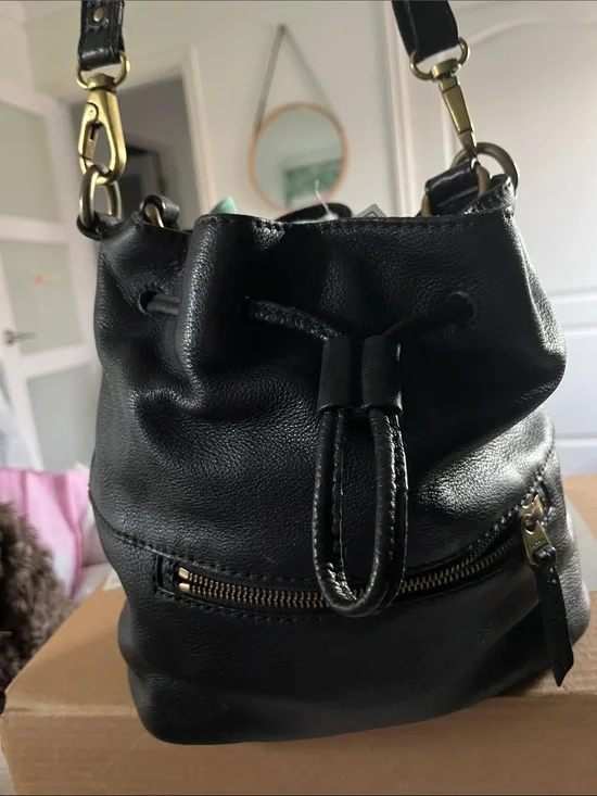 Fossil Black Leather Drawstring Crossbody with Gold Hardware