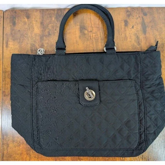 Vera Bradley Classic Toggle Tote Purse Black Quilted Microfiber Shoulder Bag GUC