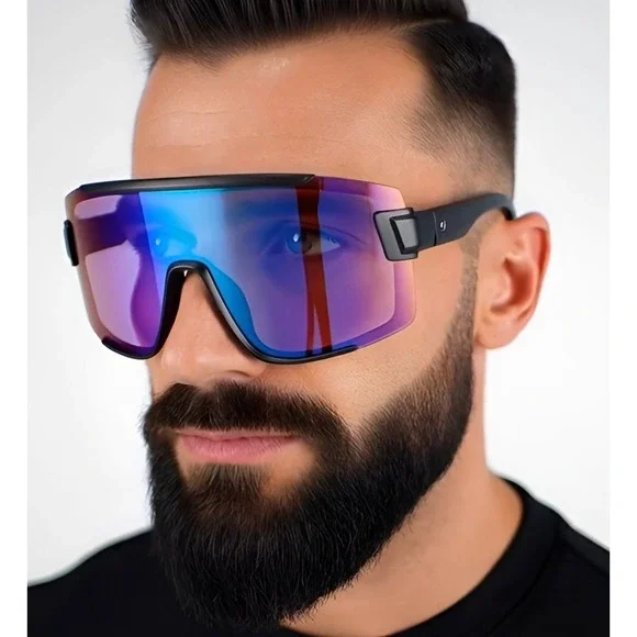 Men‎ Black Frame Sporty Visor Oversized Shield Sunglasses Iridescent Mirrored