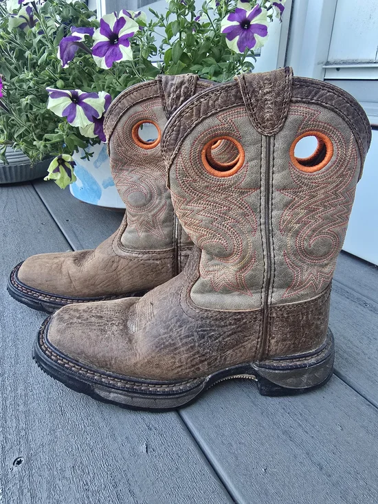 Durango Brown Kids Western Boots with Orange Pull Holes Size 1M