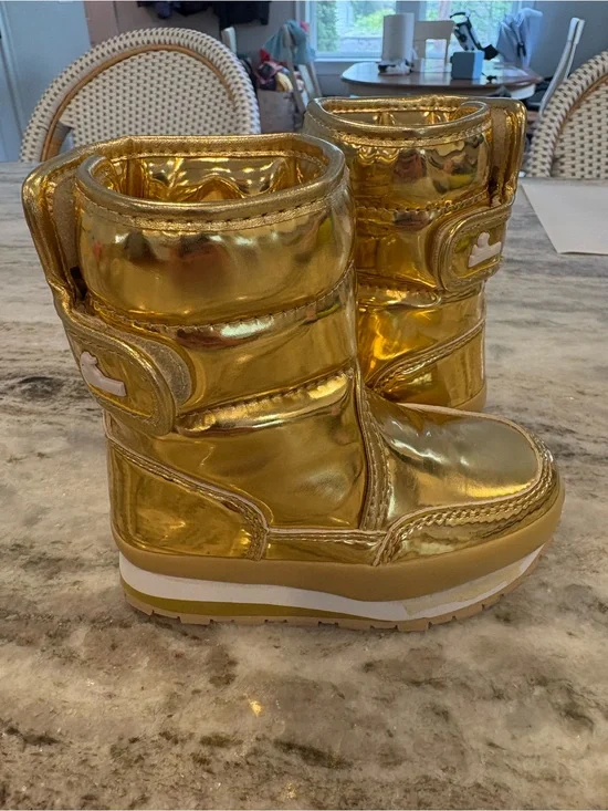 Shiny Gold Kids Insulated Winter Boots with Hook-and-Loop Strap