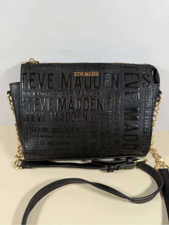 Steve Madden Black Embossed Logo Crossbody with Gold Hardware