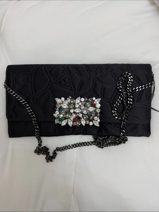 Carolina Herrera Black Quilted Crossbody with Crystal Brooch and Red Tassel