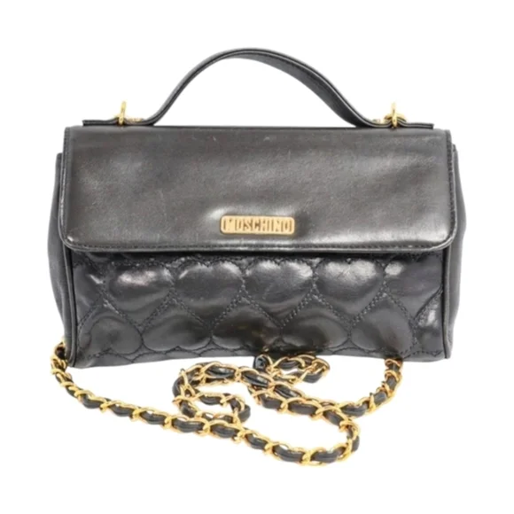 Vintage MOSCHINO Black Leather Heart Stitched Shoulder Satchel Handbag