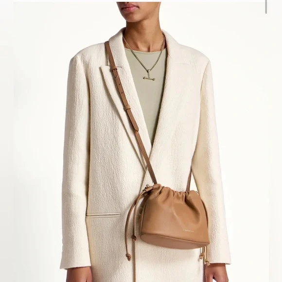 Leather Drawstring Crossbody Bag in Tan