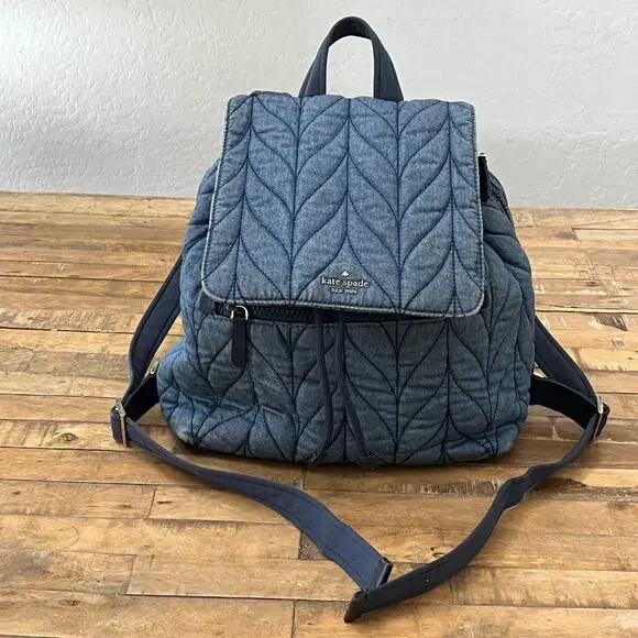 Kate Spade Ellie Large Flap Drawstring Backpack 13.5 in Tall Quilted Denim