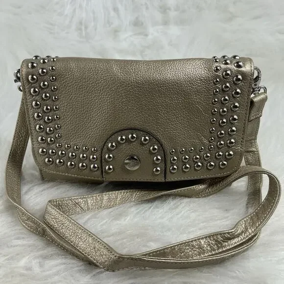 GRACE ADELE Gold Leather Clutch With Leather Flower Crossbody Style
