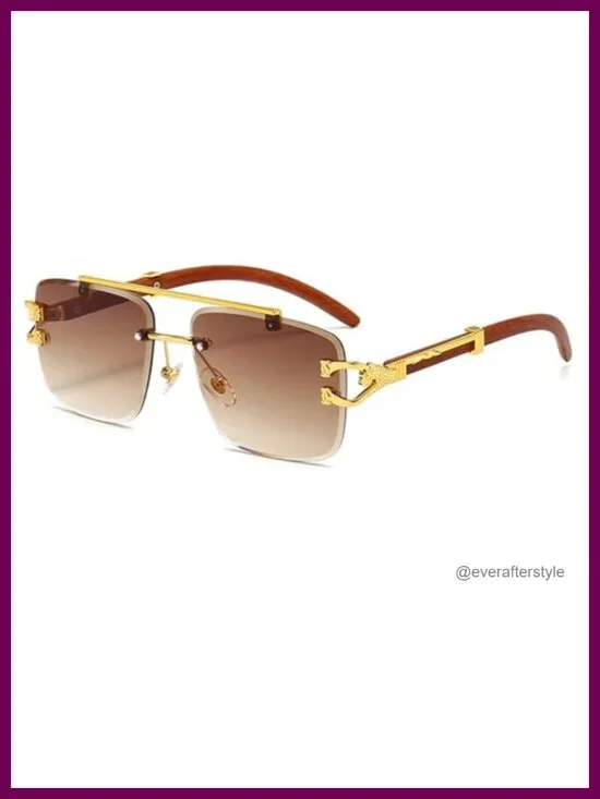 Oversized Rimless Square Sunglasses Retro Imitation Wooden Frame UV400