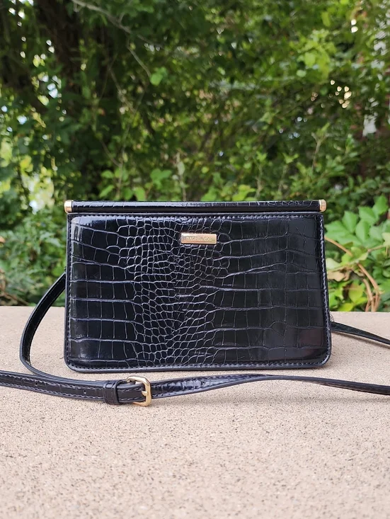 RACHEL ZOE Black Croc-Embossed Pleather Crossbody Bag