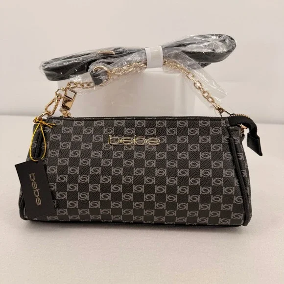 Bebe Adela Monogram Baguette Crossbody Bag Black Logo Print E02-5307PM NEW