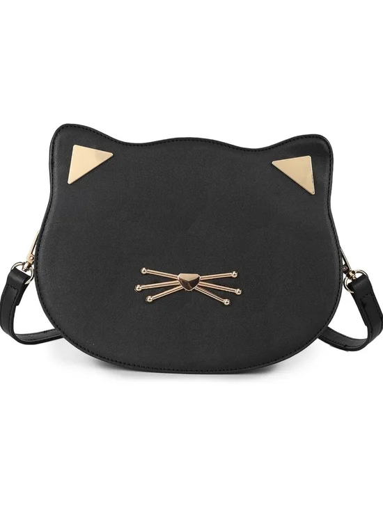 Black Cat-Shaped Crossbody Bag with Gold Accents