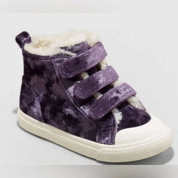 CAT & JACK Toddler Girls Velvet High Top Sneaker‎ Shoe Purple Ruby Fur Velcro 5
