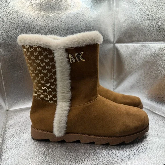 Size 5 Michael Kors Kaysen Winter Fur Logo Brown Girls Mid Calf‎ Zipper Boots