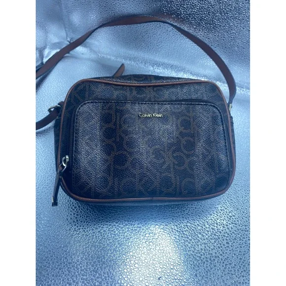 Calvin Klein Brown Monogram Logo Crossbody Camera Bag Tan Trim Gold Hardware