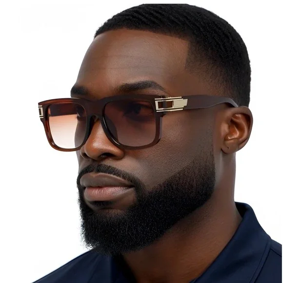 Mens Square‎ Oversized Sunglasses Brown Gradient Sophisticated Flat Top Shades