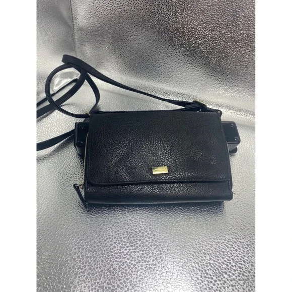 Black Pebbled Faux Leather Crossbody Wallet Bag Gold Tone Hardware Adjustable