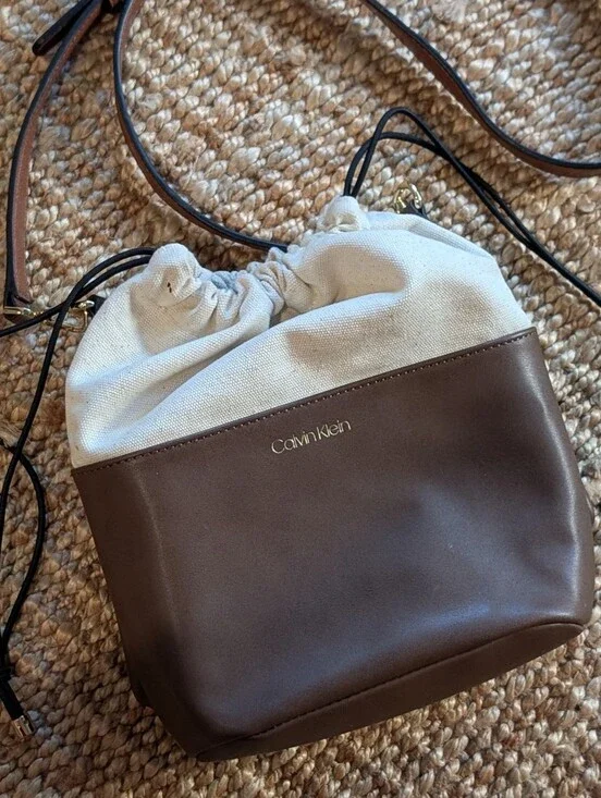 Calvin Klein Brown and Cream Canvas Drawstring Crossbody Bucket Bag Equestrian