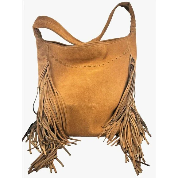 Margot Suede Leather Long Fringe Bucket Shoulder Bag Tote Brown Western Hippie