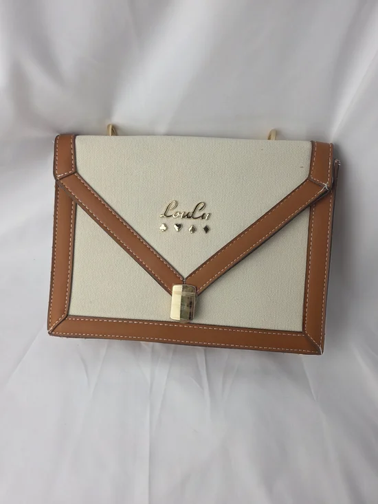 Loulu Canvas Crossbody Bag Gold Chain Tan Leather Trim Elegant Envelope Design