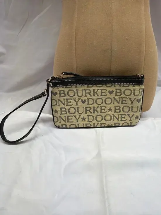 Dooney & Bourke Logo Wristlet – Beige DB Print – Black Strap – Red Interior